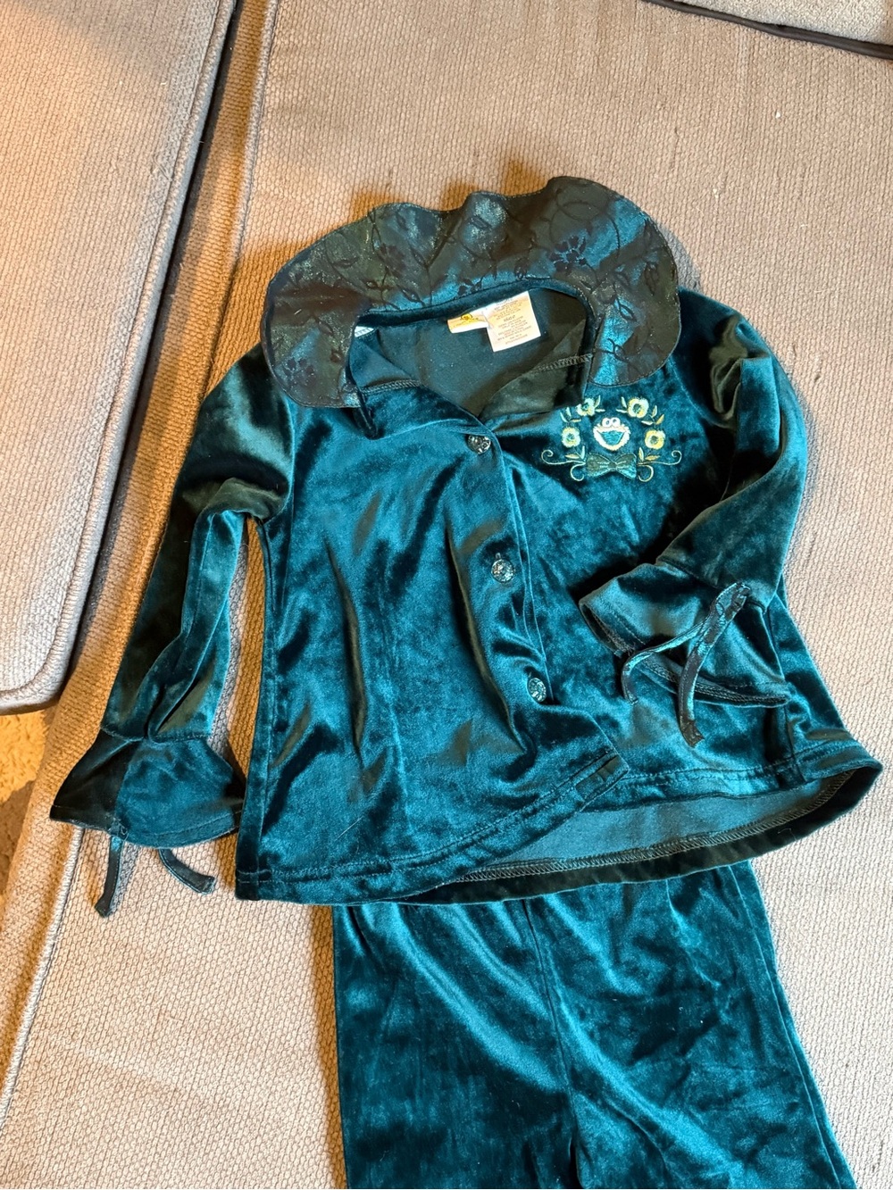 90’s Sesame Street Teal Velvet Embroidered Cookie Monster Two-Piece Set